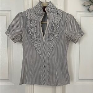 Anthropologie Striped Ruffle V-Neck Top